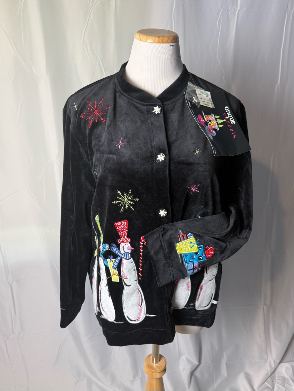 482-Onque Casuals Black Velvet Embroidered Snowman Bomber Jacket